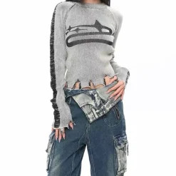 Long Sleeve Tops*Boogzel Clothing Ripped Long Sleeve Star Top Grey