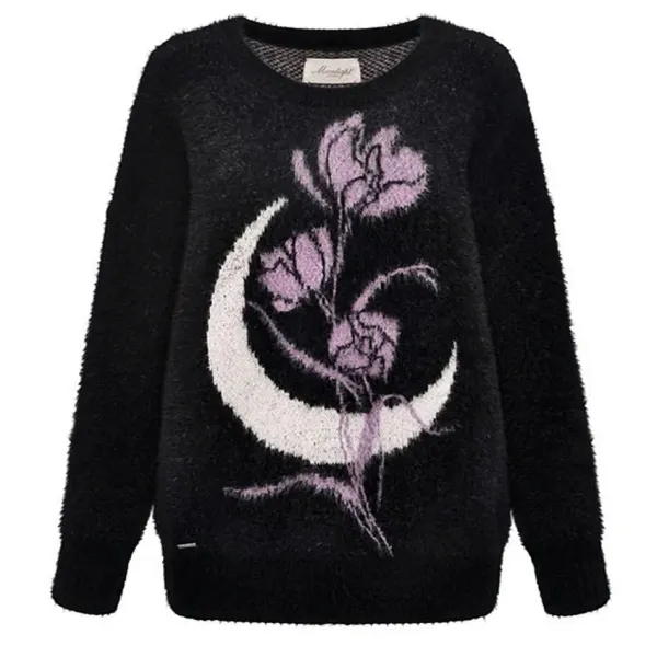 Sweaters*Boogzel Clothing Rose & Moon Print Sweater Black/purple
