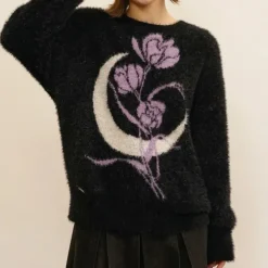 Sweaters*Boogzel Clothing Rose & Moon Print Sweater Black/purple