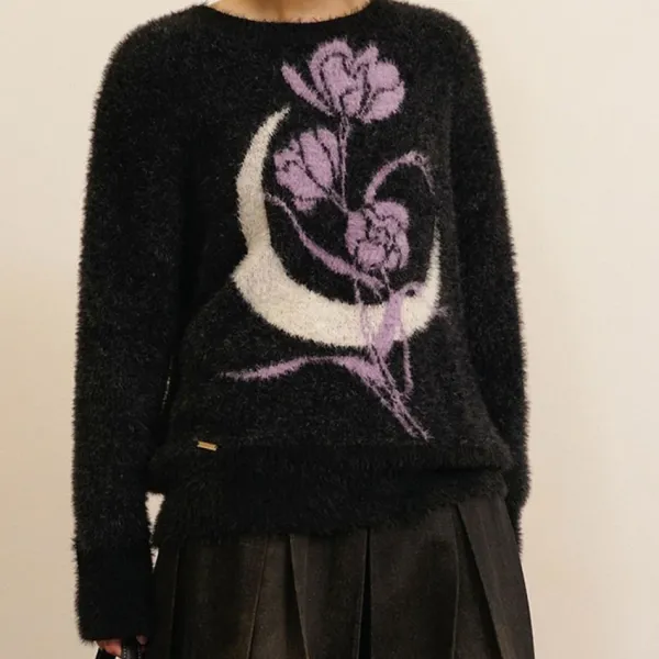 Sweaters*Boogzel Clothing Rose & Moon Print Sweater Black/purple