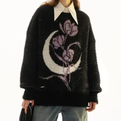 Sweaters*Boogzel Clothing Rose & Moon Print Sweater Black/purple