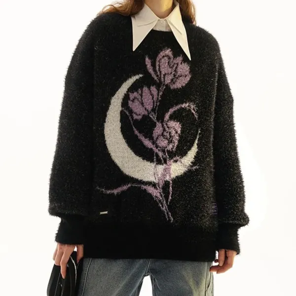 Sweaters*Boogzel Clothing Rose & Moon Print Sweater Black/purple