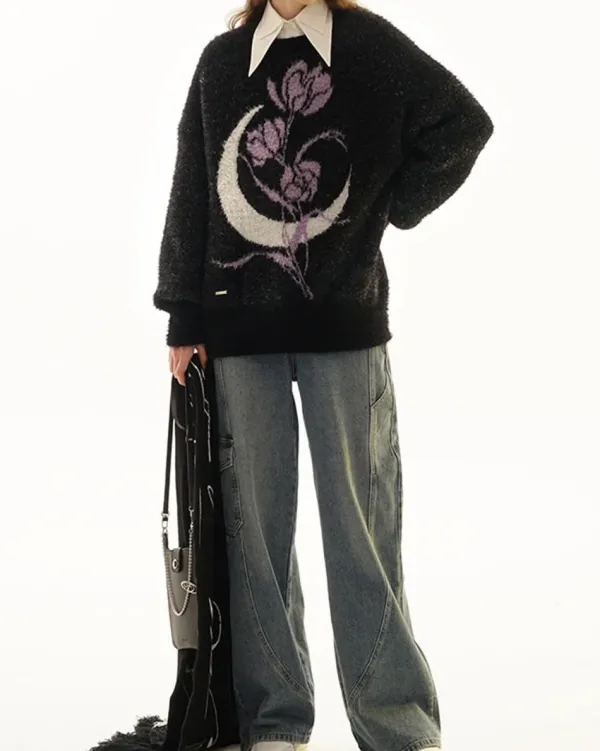 Sweaters*Boogzel Clothing Rose & Moon Print Sweater Black/purple