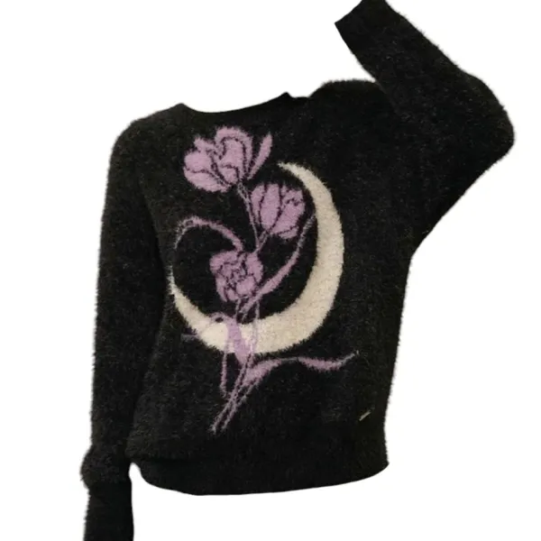 Sweaters*Boogzel Clothing Rose & Moon Print Sweater Black/purple