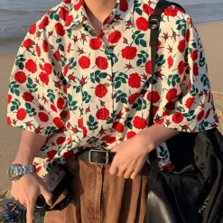 Mens*Boogzel Clothing Rose Embroidery Oversized Shirt Red