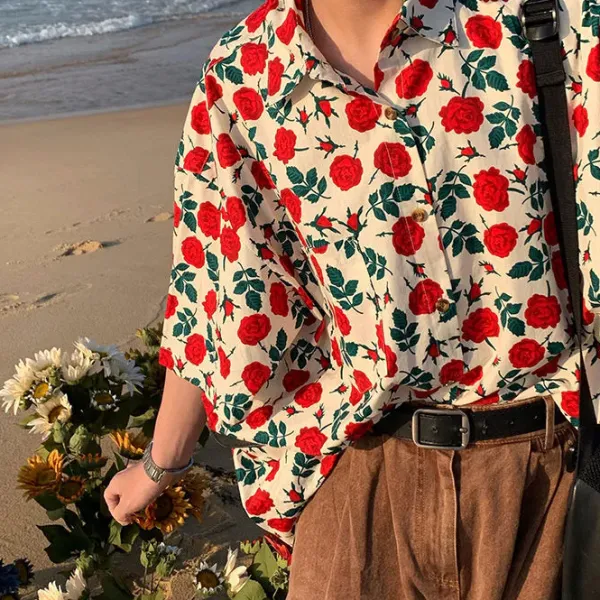 Mens*Boogzel Clothing Rose Embroidery Oversized Shirt Red