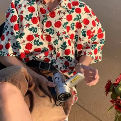 Mens*Boogzel Clothing Rose Embroidery Oversized Shirt Red