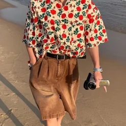 Mens*Boogzel Clothing Rose Embroidery Oversized Shirt Red