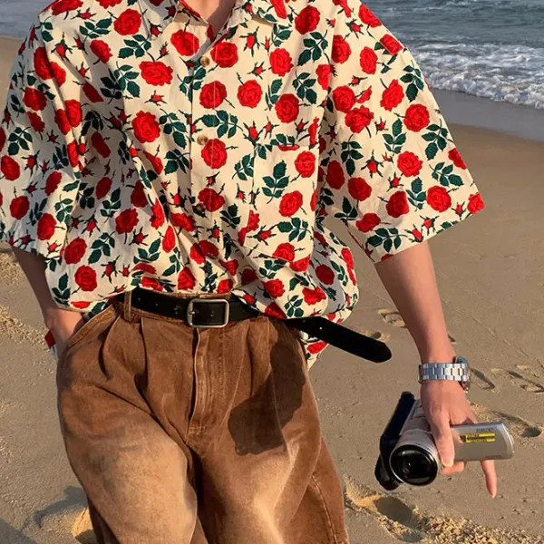 Mens*Boogzel Clothing Rose Embroidery Oversized Shirt Red