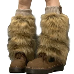 Other*Boogzel Clothing 2000s Aesthetic Faux Fur Leg Warmers Brown