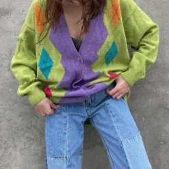 Argyle Sweaters & Vests|Knit Cardigans*Boogzel Clothing 1960s Groovy Colors Argyle Cardigan Green/purple