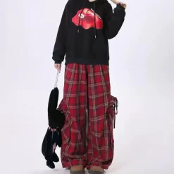 Pants & Trousers*Boogzel Clothing 90's Grunge Plaid Cargo Pants Red