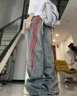 Jeans*Boogzel Clothing 90s Style Wide Red Stripe Jeans Blue/red