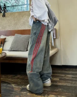 Jeans*Boogzel Clothing 90s Style Wide Red Stripe Jeans Blue/red