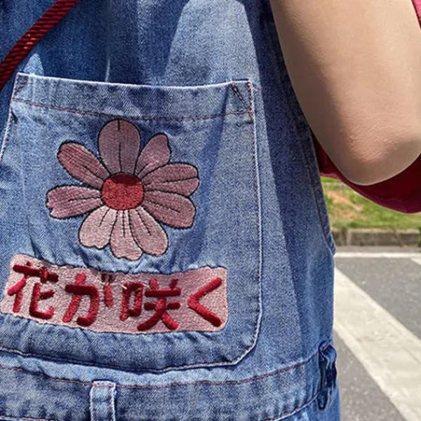 Dresses & Rompers|Shorts*Boogzel Clothing Sakura Embroidery Dungaree Shorts Blue