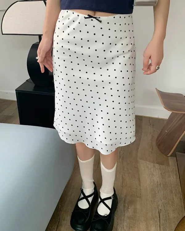 Skirts*Boogzel Clothing Satin Polka Dot Midi Skirt White