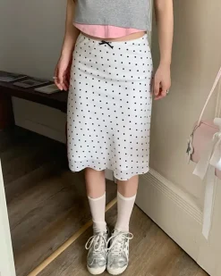 Skirts*Boogzel Clothing Satin Polka Dot Midi Skirt White