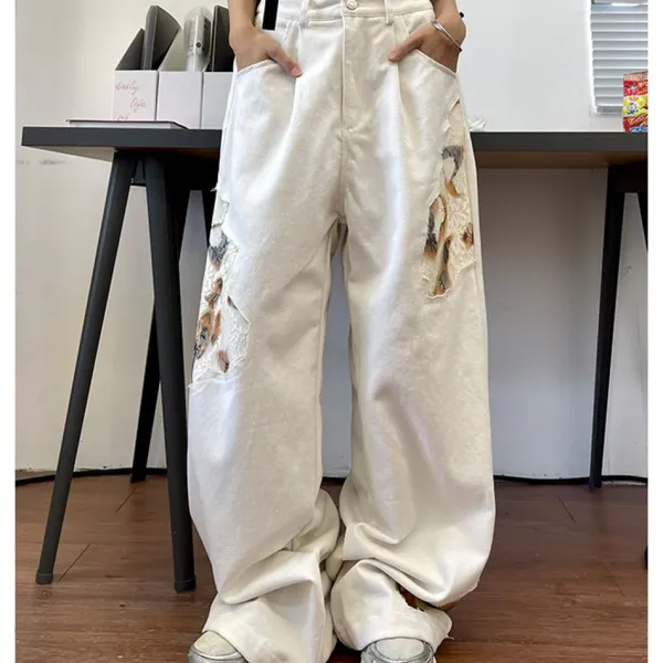 Jeans*Boogzel Clothing Self Made Lace Detail Baggy Jeans White