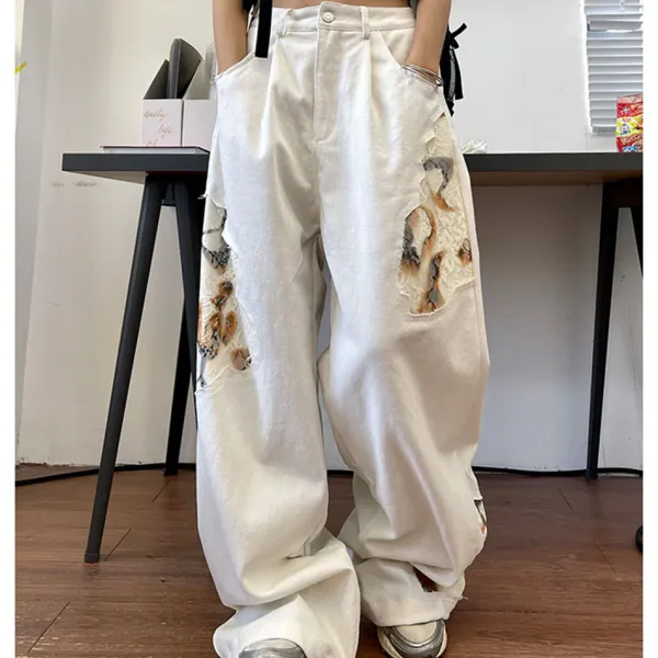 Jeans*Boogzel Clothing Self Made Lace Detail Baggy Jeans White