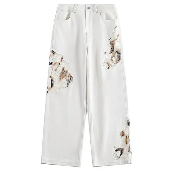 Jeans*Boogzel Clothing Self Made Lace Detail Baggy Jeans White