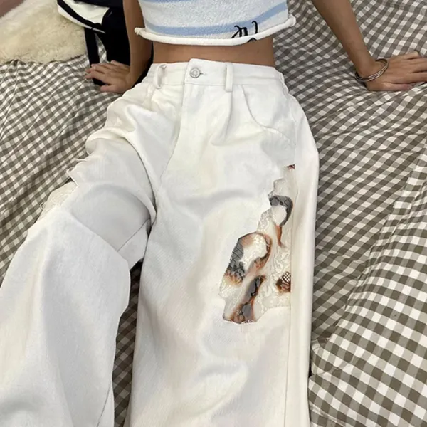 Jeans*Boogzel Clothing Self Made Lace Detail Baggy Jeans White