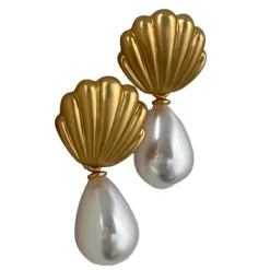 Earrings*Boogzel Clothing Shell Pearl Drop Earrings Gold
