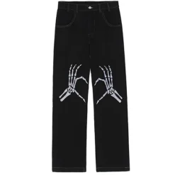 Jeans*Boogzel Clothing Skeleton Hands Embroidery Jeans Black