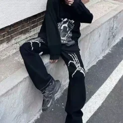 Jeans*Boogzel Clothing Skeleton Hands Embroidery Jeans Black