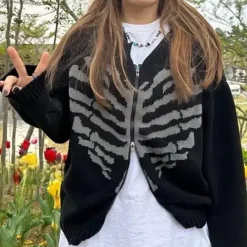 Knit Cardigans|Sweaters*Boogzel Clothing Skeleton Print Zip Up Sweater