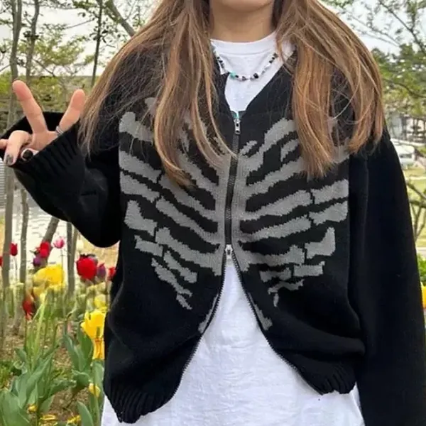 Knit Cardigans|Sweaters*Boogzel Clothing Skeleton Print Zip Up Sweater