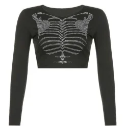 Long Sleeve Tops*Boogzel Clothing Skeleton Rhinestone Long Sleeve Top Black
