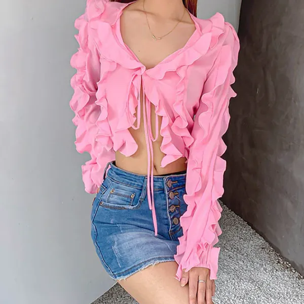 Long Sleeve Tops*Boogzel Clothing Soft Girl Ruffle Cardigan Pink