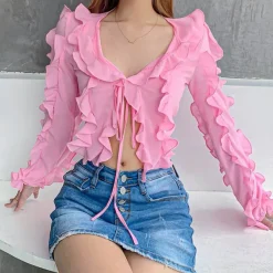 Long Sleeve Tops*Boogzel Clothing Soft Girl Ruffle Cardigan Pink