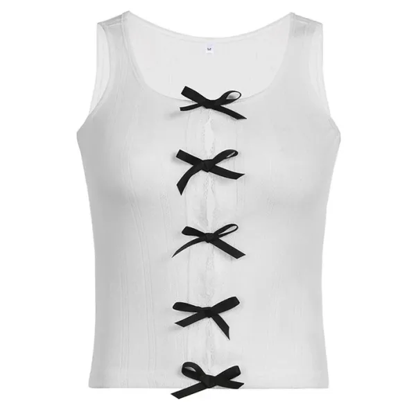 Y2K Tops*Boogzel Clothing Spliced Split Y2K Bow Tank Top White/black