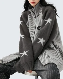Sweaters*Boogzel Clothing Star Girl Aesthetic Zip Up Sweater Grey