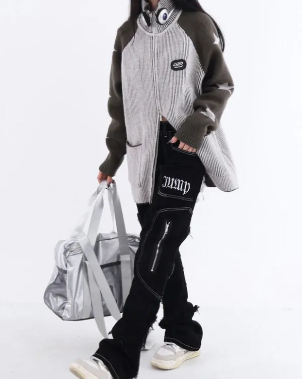 Sweaters*Boogzel Clothing Star Girl Aesthetic Zip Up Sweater Grey
