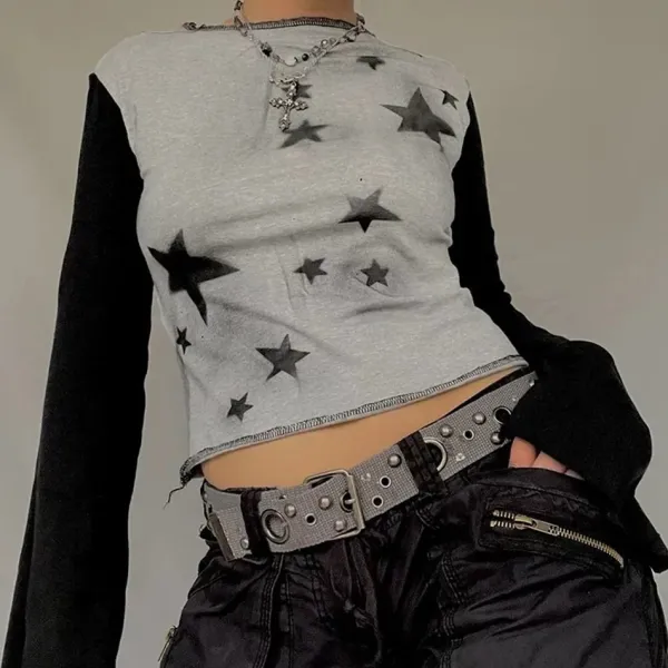 Aesthetic T-Shirts & Graphic Tees|Long Sleeve Tops*Boogzel Clothing Star Girl Raglan Long Sleeve Top Black/grey