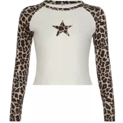 Aesthetic T-Shirts & Graphic Tees|Long Sleeve Tops*Boogzel Clothing Star Leopard Long Sleeve Top Brown/white