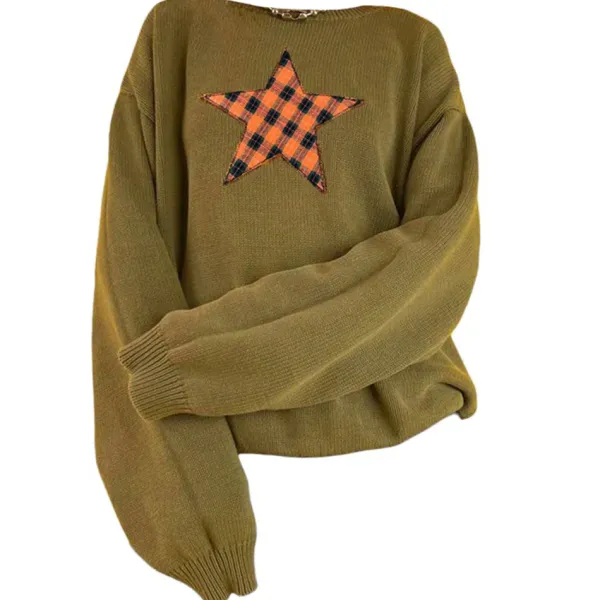 Sweaters*Boogzel Clothing Star Patch Aesthetic Knit Pullover Green