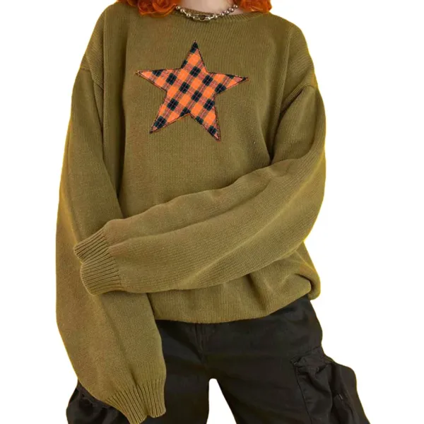 Sweaters*Boogzel Clothing Star Patch Aesthetic Knit Pullover Green
