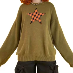 Sweaters*Boogzel Clothing Star Patch Aesthetic Knit Pullover Green