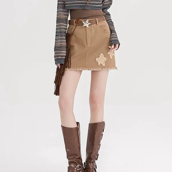 Skirts*Boogzel Clothing Star Patch Aesthetic Mini Skirt Brown