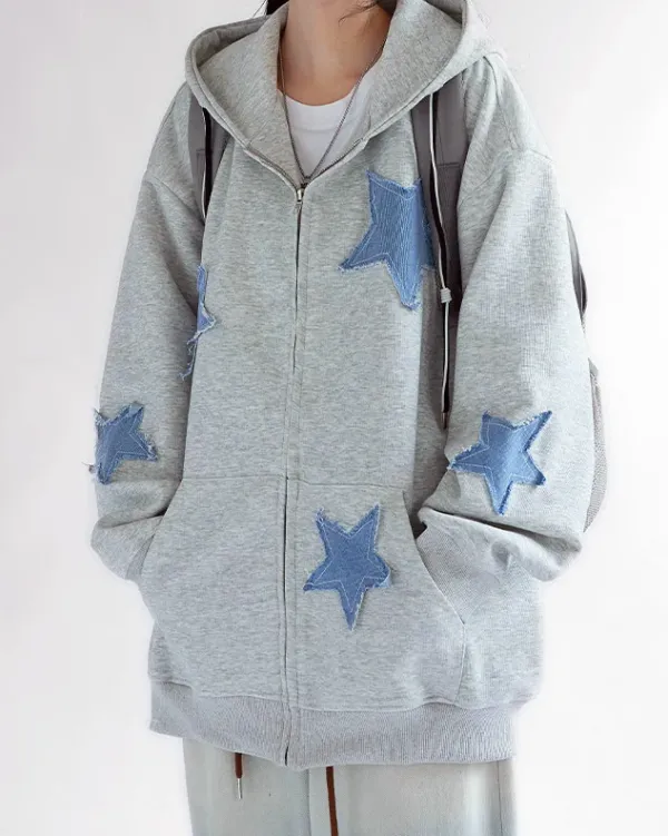 Hoodies*Boogzel Clothing Star Patch Aesthetic Zip Up Hoodie