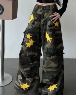 Pants & Trousers*Boogzel Clothing Star Patch Camo Cargo Pants Green