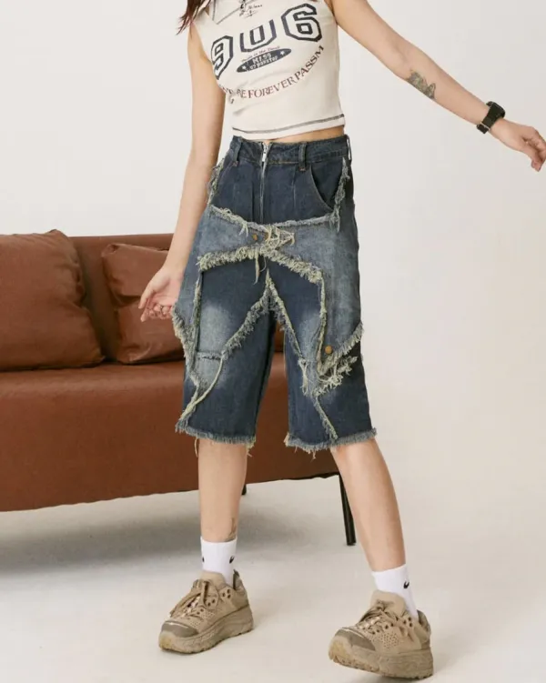 Shorts*Boogzel Clothing Star Patch High-Waisted Denim Shorts Blue