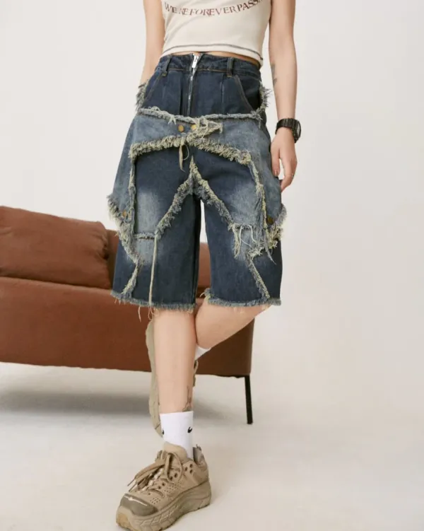 Shorts*Boogzel Clothing Star Patch High-Waisted Denim Shorts Blue