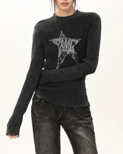 Long Sleeve Tops*Boogzel Clothing Star Print Ribbed Long Sleeve Top Grey