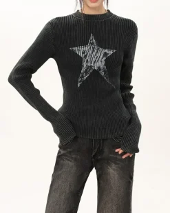 Long Sleeve Tops*Boogzel Clothing Star Print Ribbed Long Sleeve Top Grey