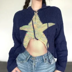 Sweaters|Hoodies*Boogzel Clothing Star Zip Up Knit Hoodie Blue
