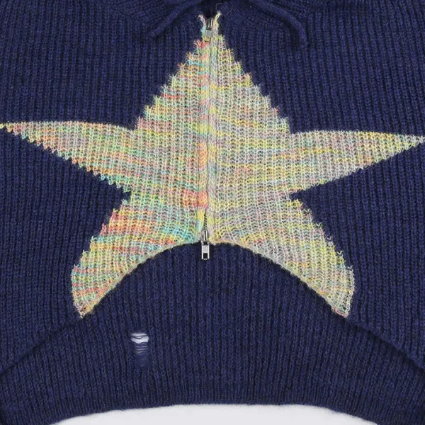 Sweaters|Hoodies*Boogzel Clothing Star Zip Up Knit Hoodie Blue